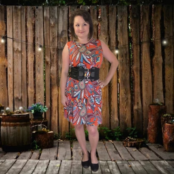 Apt 9 Paisley Dress Orange Coral Aqua Stretchy Pockets Loose Fit Casual D5 - Picture 8 of 13